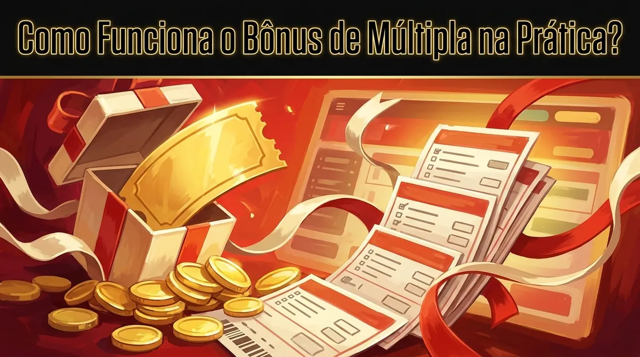 Bônus de múltipla ilustrado com bilhetes de aposta e moedas douradas.