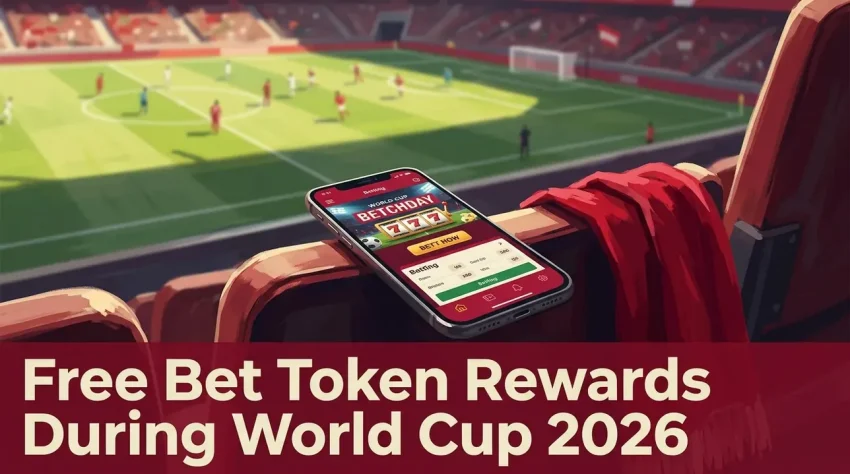 Phone on a stadium armrest with a scarf, World Cup match behind, hinting at free bet tokens.