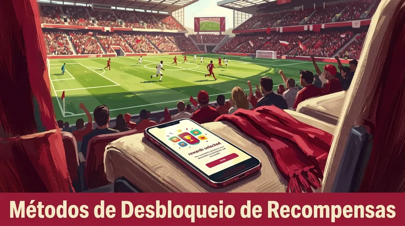 Telefone em um assento de estádio com notificação de recompensas desbloqueadas e cachecol.